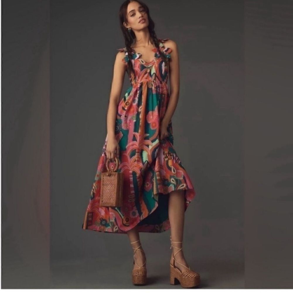 NEW Farm Rio x Anthropologie Pleated Palm Cutout Midi Dress‎ XS